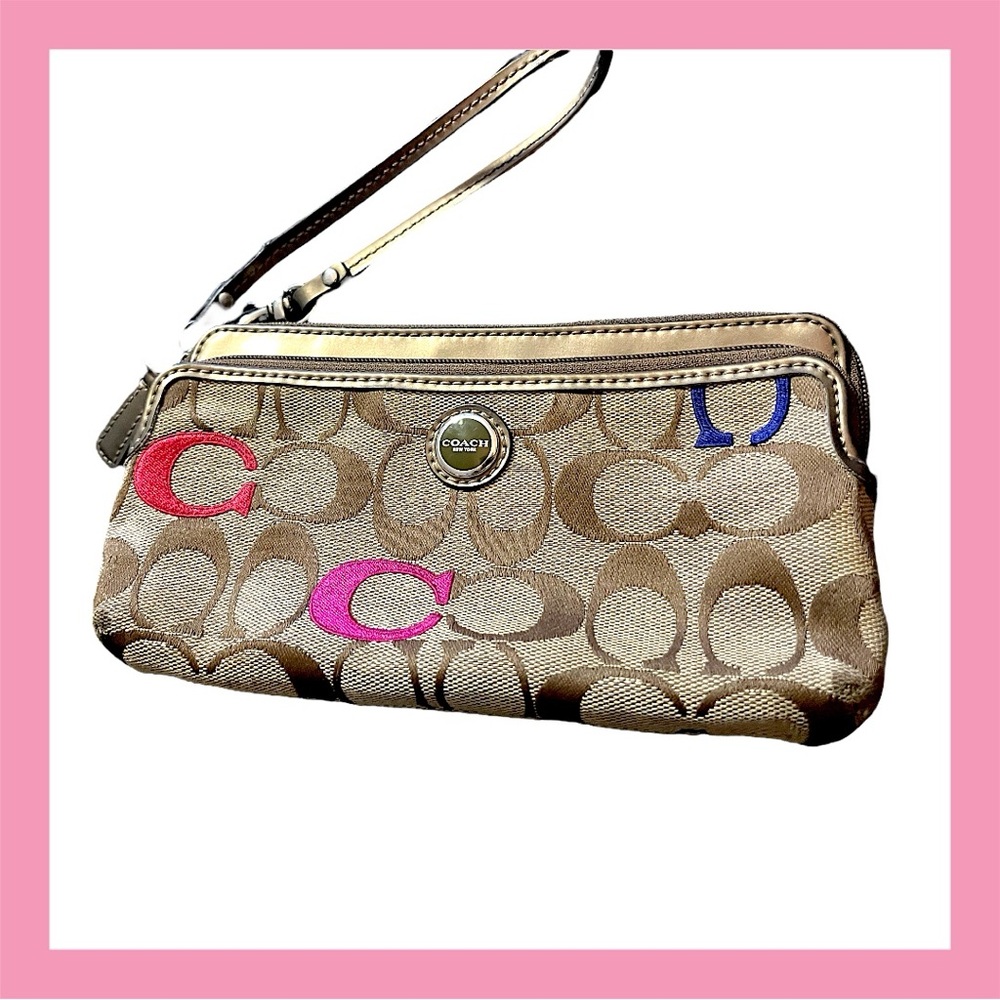 COACH Poppy multicolor embroidered double zip wristlet.  Metallic trim. 8”x 4.5”
